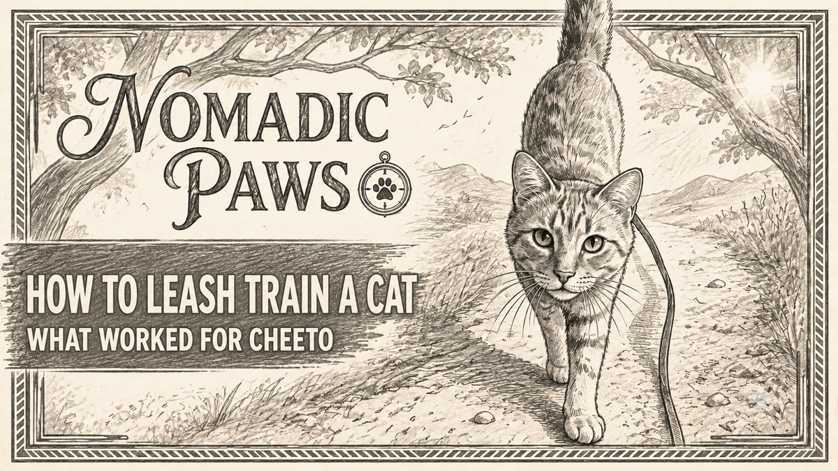 "Vintage pen-and-ink illustration of a harnessed cat walking along a desert trail beneath the Nomadic Paws logo, with the title “How to Leash Train a Cat: What Worked for Cheeto.”"
