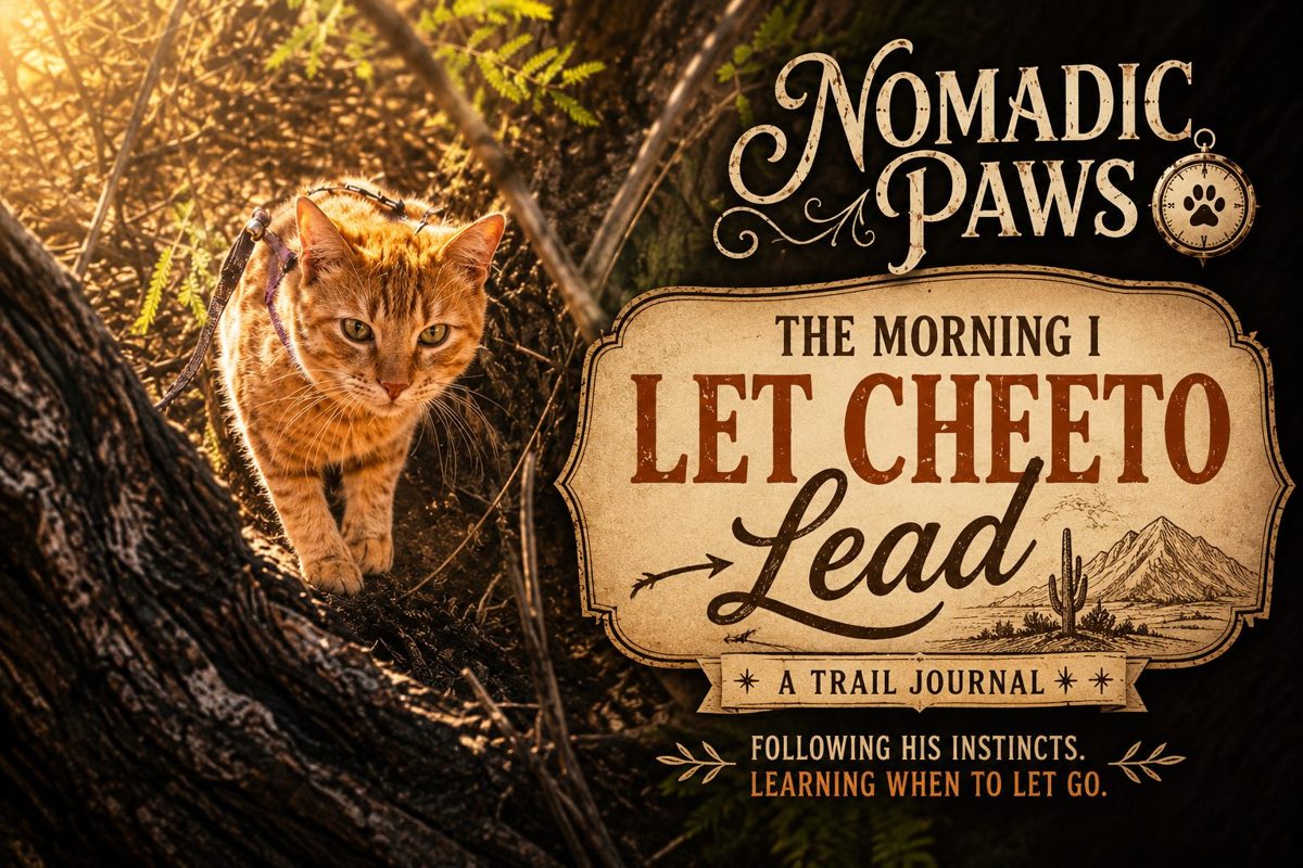 Nomadic Paws Trail Journal cover featuring Cheeto hiking through mesquite trees in the Arizona desert on a harness and leash. Vintage adventure-style artwork introduces the story, "The Morning I Let Cheeto Lead," about following a cat's instincts on the trail.