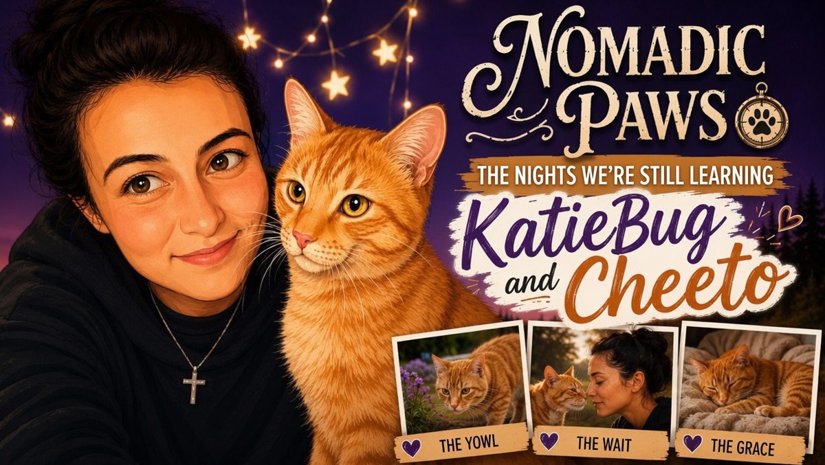 Nomadic Paws Trail Journal cover featuring Katie and Cheeto together with a collage of their favorite moments exploring nature, sharing quiet companionship, and enjoying life outdoors.