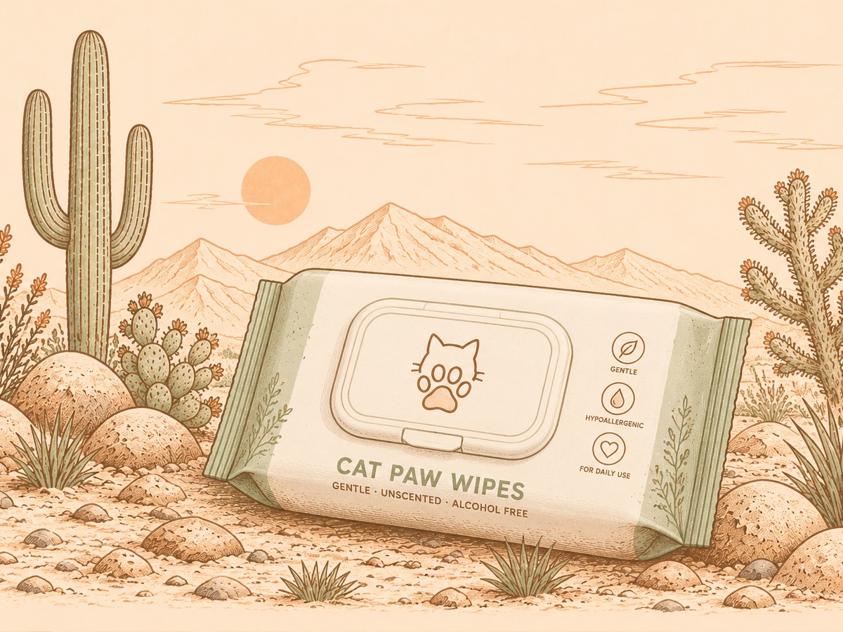 Illustration of gentle cat paw wipes in the desert