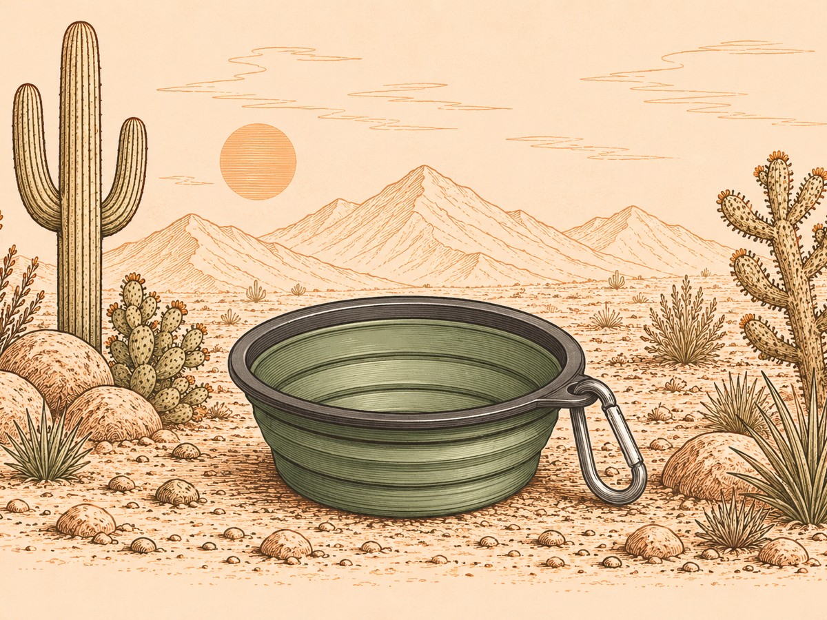 Illustration of a collapsible water bowl with a carabiner in the desert