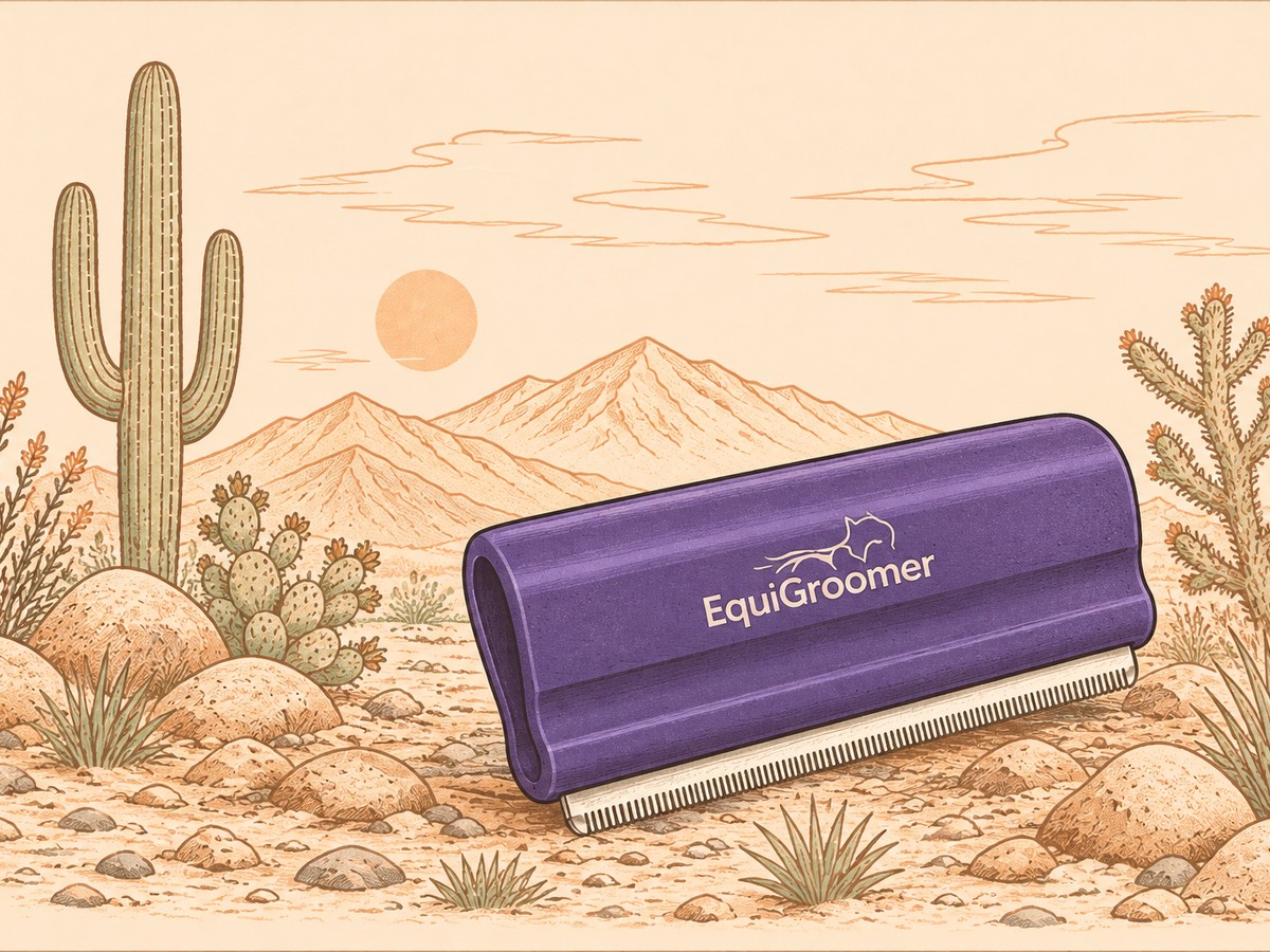 Illustration of a purple EquiGroomer deshedding tool in the desert