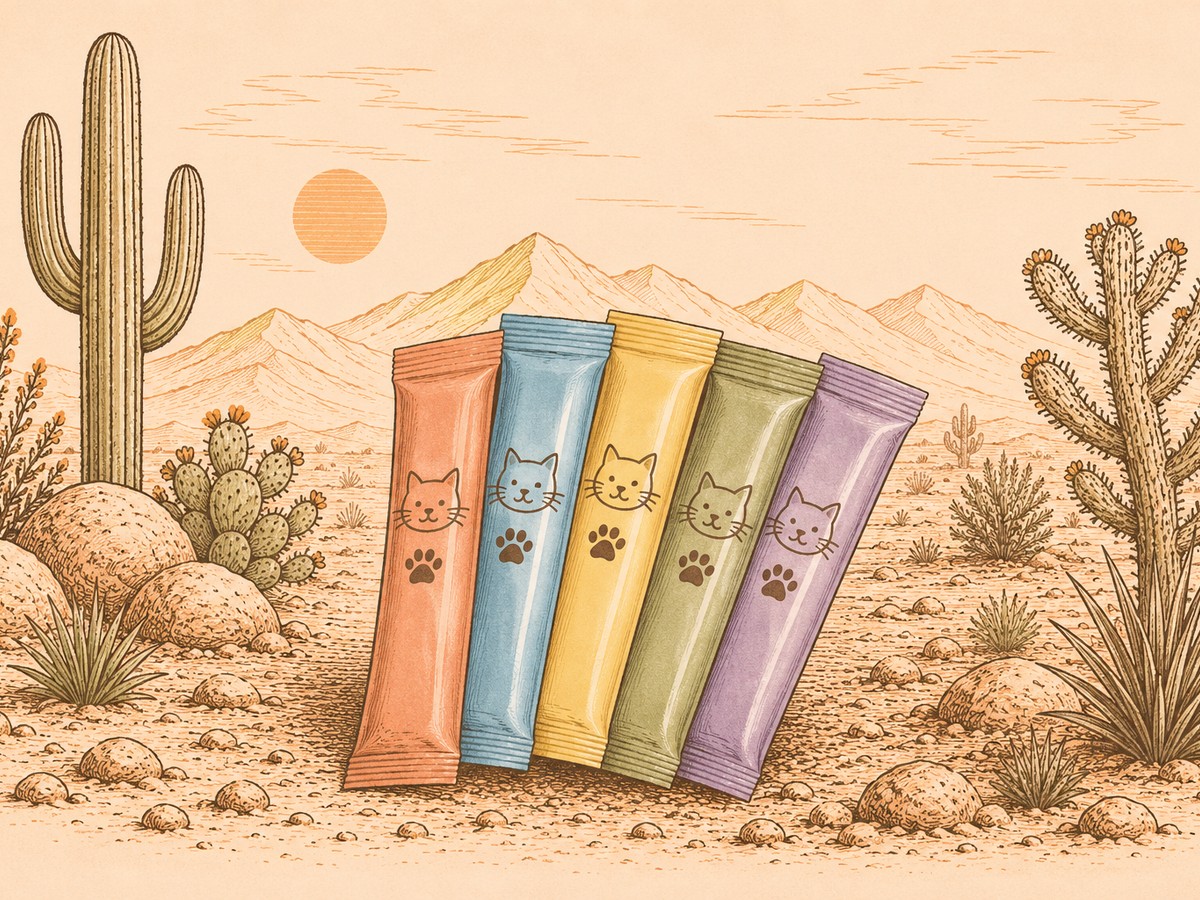 Illustration of assorted lickable cat treat tubes in the desert