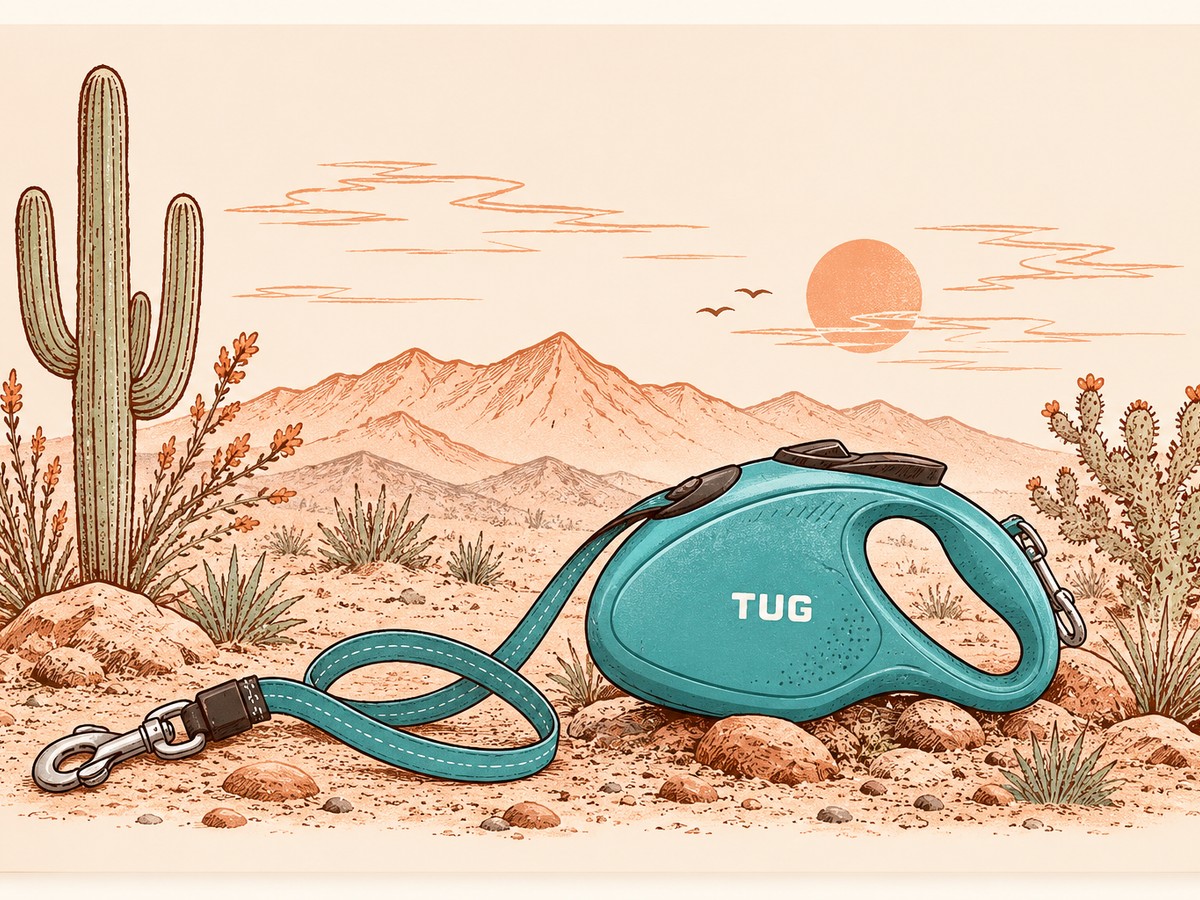 Illustration of a teal retractable leash in the desert