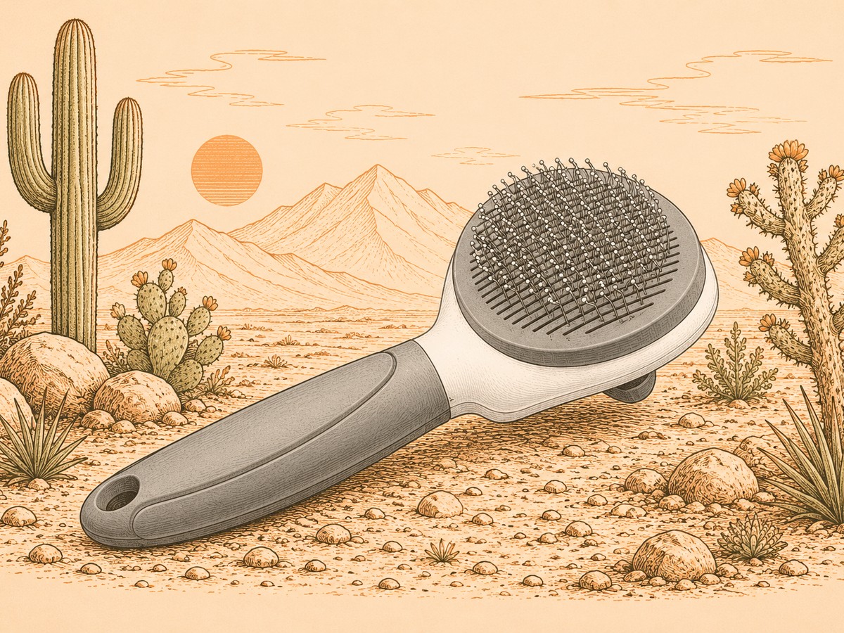 Illustration of a cat slicker brush in the desert