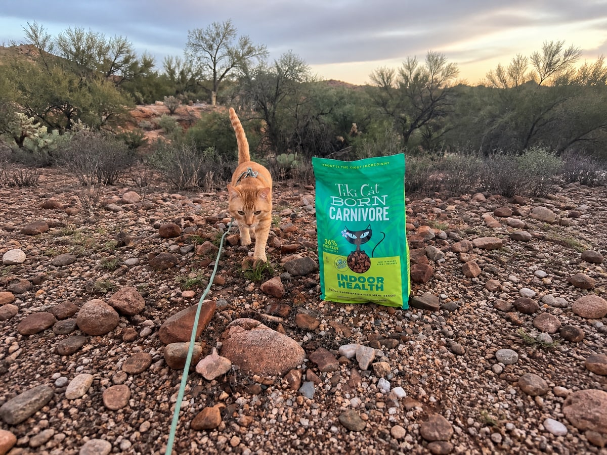 Cheeto walking beside a bag of Tiki Cat Born Carnivore food on a desert trail