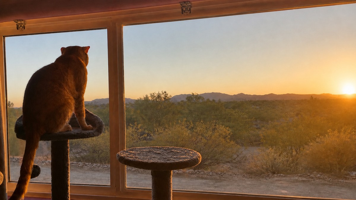 Cheeto watching the desert through a sunlit window